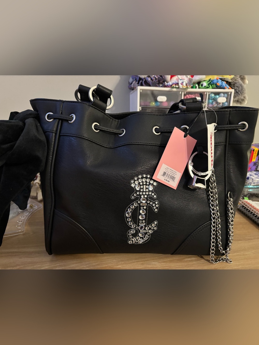 Juicy Couture Black Rhinestone Logo Shoulder Tote with Chain Charm
